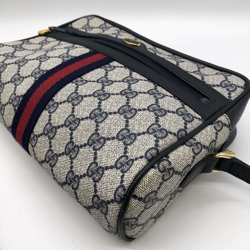 Gucci 010 378 Shoulder Bag GG Supreme Sherry Leather Navy Old Gucci Women Men