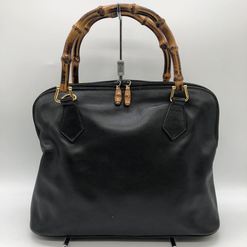 Gucci 000 1186 Bamboo Handbag Leather Black Old Gucci Vintage Women Men Fashion