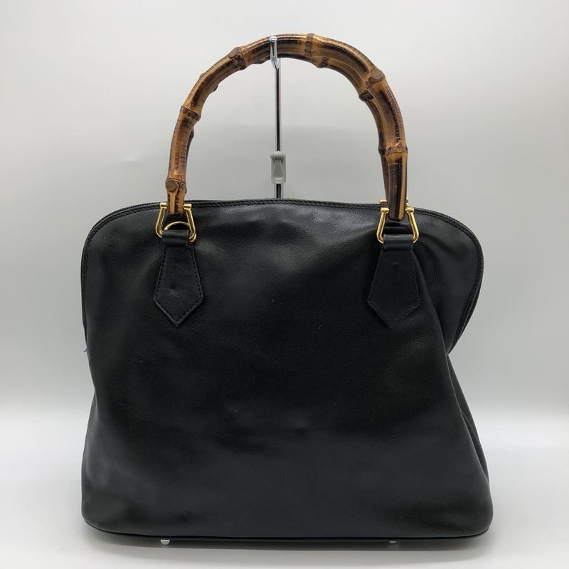 Gucci 000 1186 Bamboo Handbag Leather Black Old Gucci Vintage Women Men Fashion