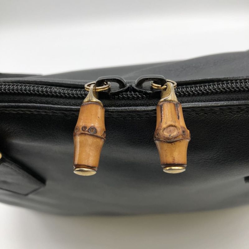 Gucci 000 1186 Bamboo Handbag Leather Black Old Gucci Vintage Women Men Fashion