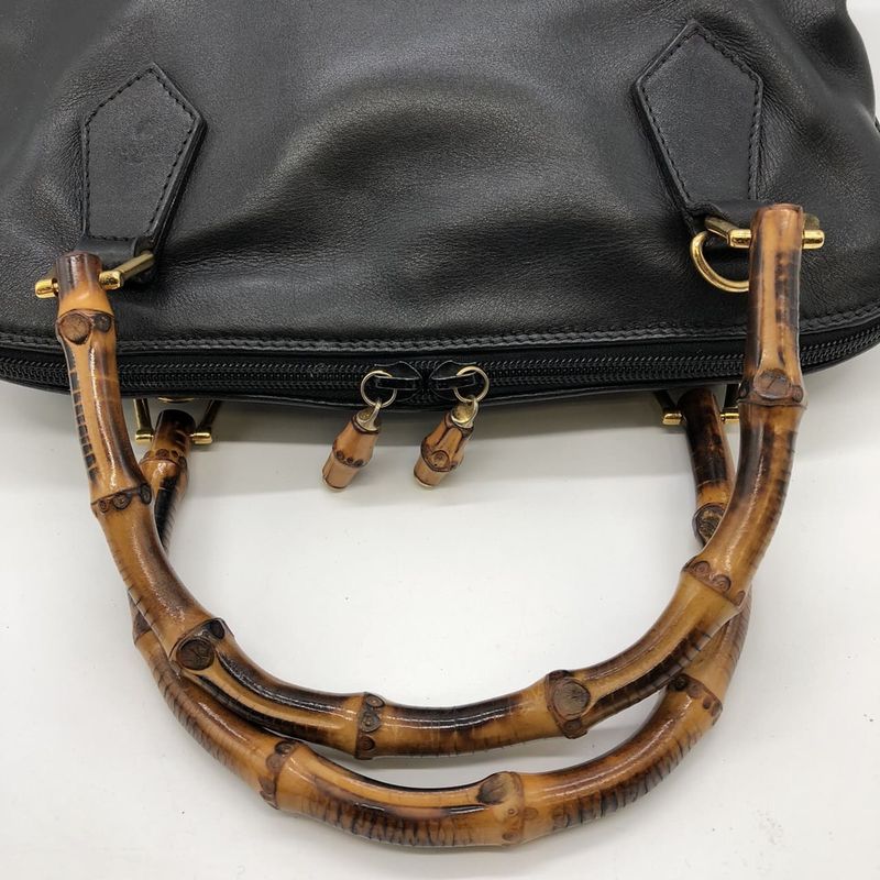 Gucci 000 1186 Bamboo Handbag Leather Black Old Gucci Vintage Women Men Fashion