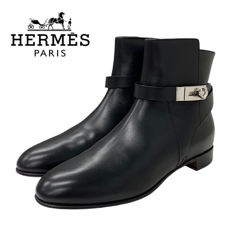 Hermes Neo Boots Short Boots Shoes Leather Black Silver Kelly Hardware
