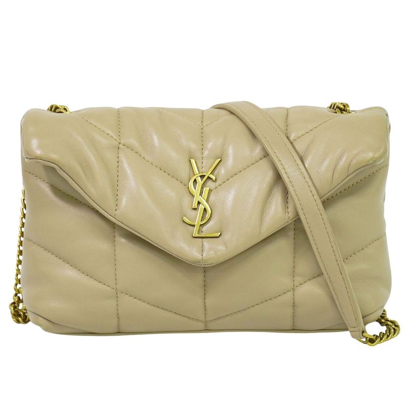 Authentic Saint Laurent Lou Puffer Chain Shoulder Bag Pochette Leather Beige