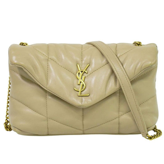 Authentic Saint Laurent Lou Puffer Chain Shoulder Bag Pochette Leather Beige