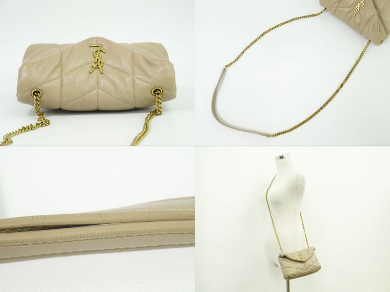 Authentic Saint Laurent Lou Puffer Chain Shoulder Bag Pochette Leather Beige