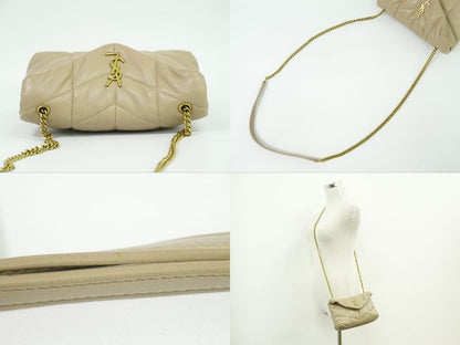 Authentic Saint Laurent Lou Puffer Chain Shoulder Bag Pochette Leather Beige