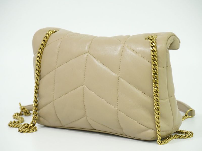 Authentic Saint Laurent Lou Puffer Chain Shoulder Bag Pochette Leather Beige