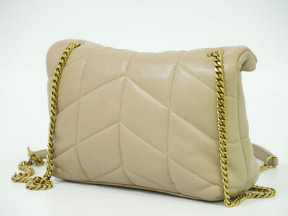 Authentic Saint Laurent Lou Puffer Chain Shoulder Bag Pochette Leather Beige