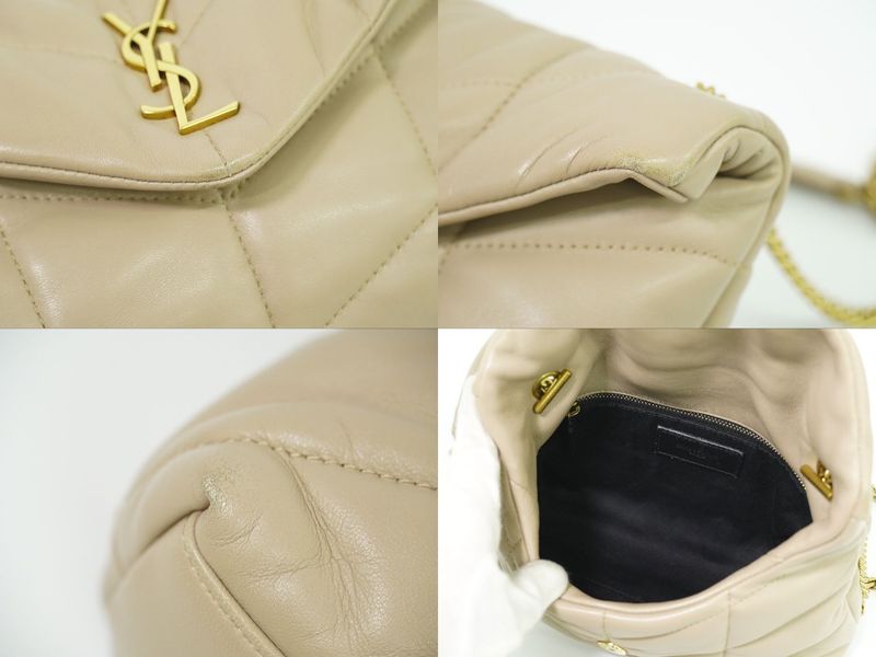 Authentic Saint Laurent Lou Puffer Chain Shoulder Bag Pochette Leather Beige