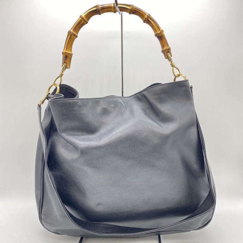 Gucci Handbag Shoulder Bag 2way Bamboo Leather Black Old Gucci Vintage Ladies
