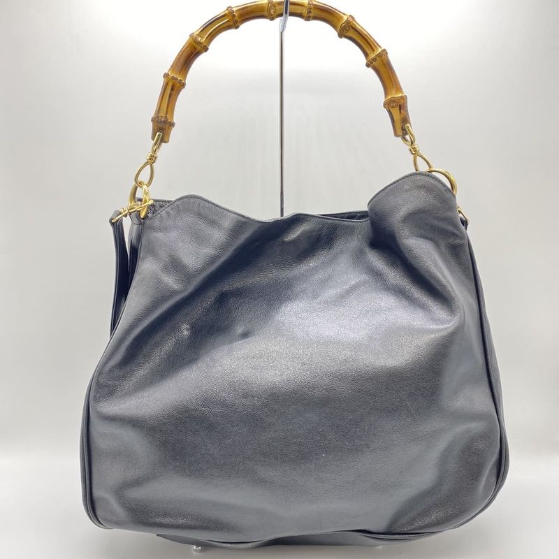 Gucci Handbag Shoulder Bag 2way Bamboo Leather Black Old Gucci Vintage Ladies