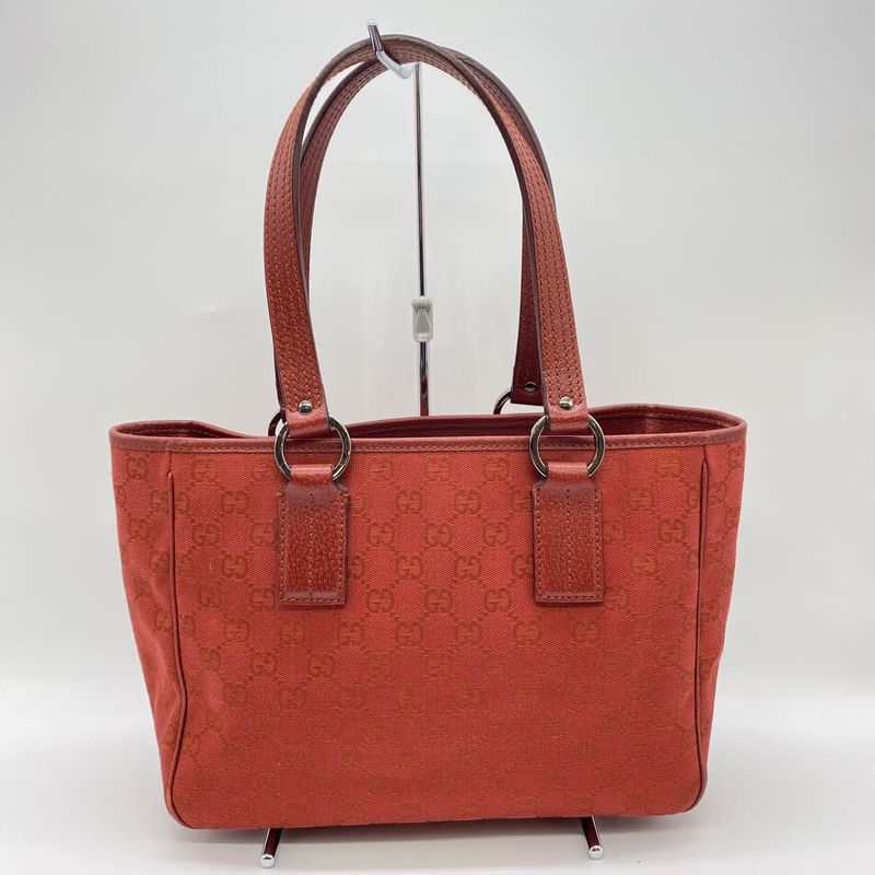 Gucci 113019 Tote Handbag GG Canvas Leather Red Ladies Men Vintage Fashion USED