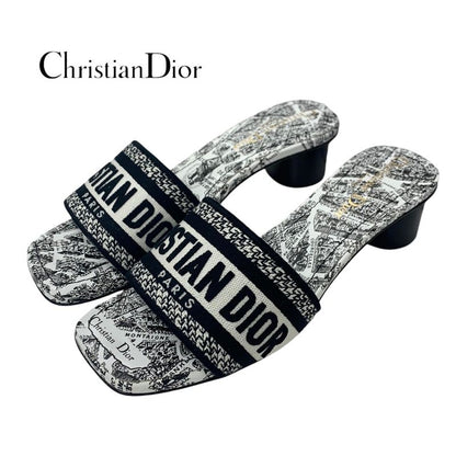 Christian DIOR DWAY Sandals Shoes Fabric White Black Mules Embroidery Logo