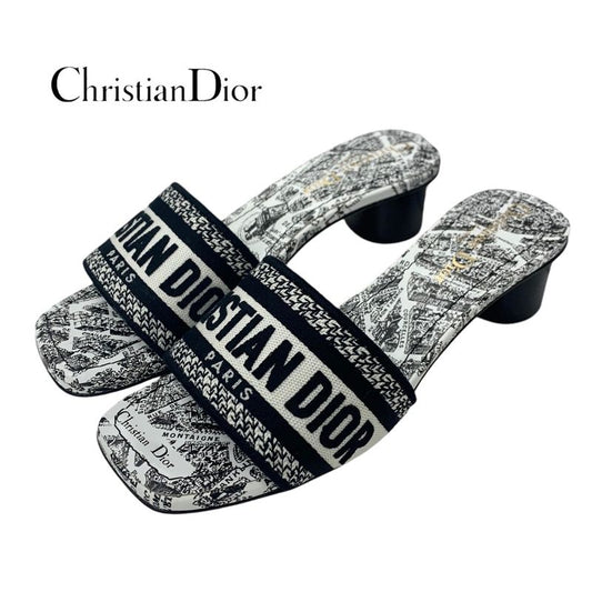 Christian DIOR DWAY Sandals Shoes Fabric White Black Mules Embroidery Logo