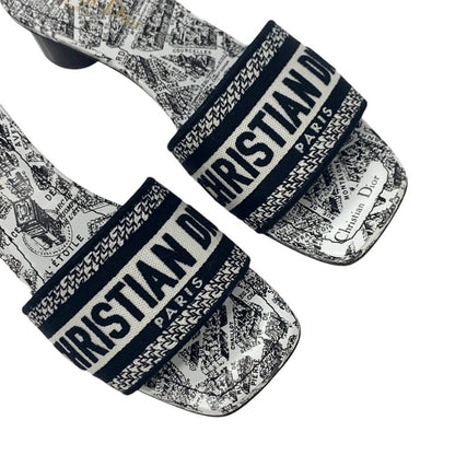 Christian DIOR DWAY Sandals Shoes Fabric White Black Mules Embroidery Logo