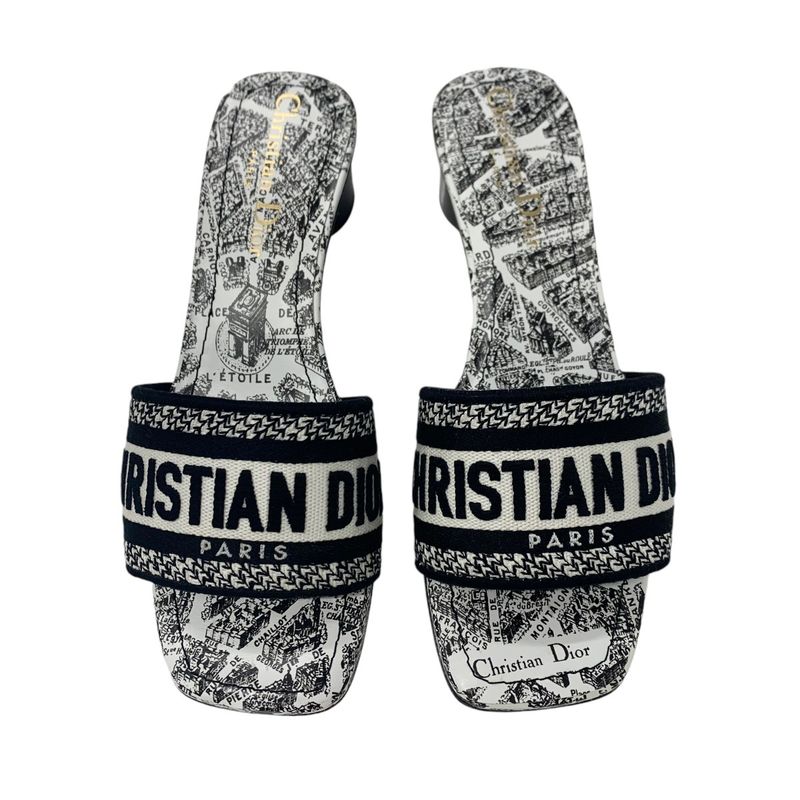 Christian DIOR DWAY Sandals Shoes Fabric White Black Mules Embroidery Logo