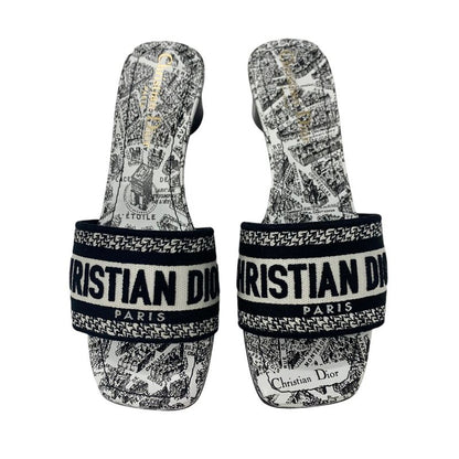Christian DIOR DWAY Sandals Shoes Fabric White Black Mules Embroidery Logo