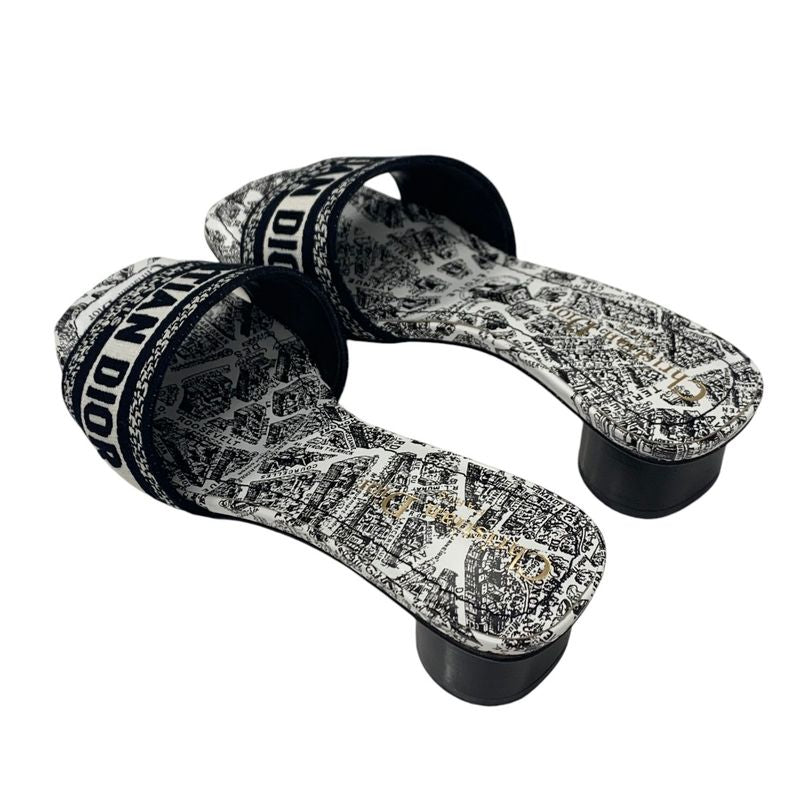Christian DIOR DWAY Sandals Shoes Fabric White Black Mules Embroidery Logo
