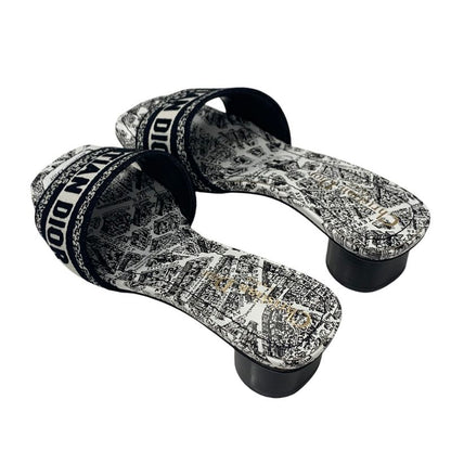 Christian DIOR DWAY Sandals Shoes Fabric White Black Mules Embroidery Logo