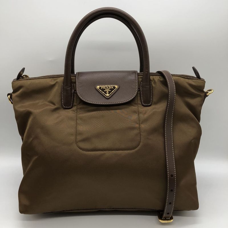 Prada Tote Handbag Shoulder Bag 2way Nylon Leather Brown Ladies Men Fashion USED