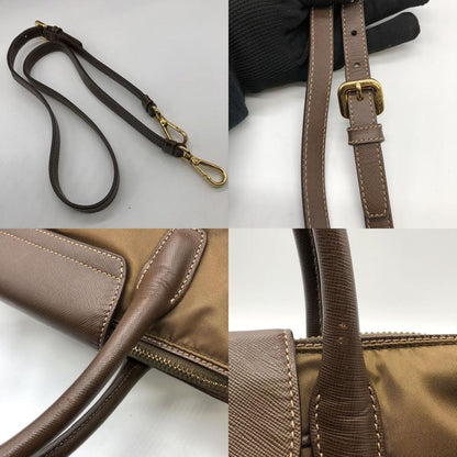 Prada Tote Handbag Shoulder Bag 2way Nylon Leather Brown Ladies Men Fashion USED