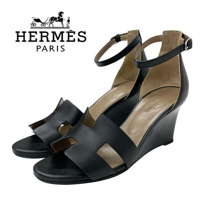 Hermes Legend Sandals Shoes Leather Black Wedge Sole Ankle Strap