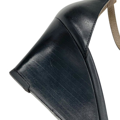 Hermes Legend Sandals Shoes Leather Black Wedge Sole Ankle Strap