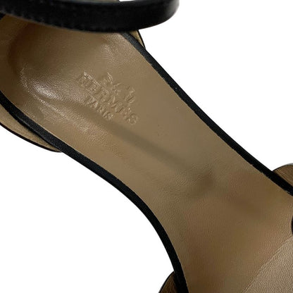Hermes Legend Sandals Shoes Leather Black Wedge Sole Ankle Strap