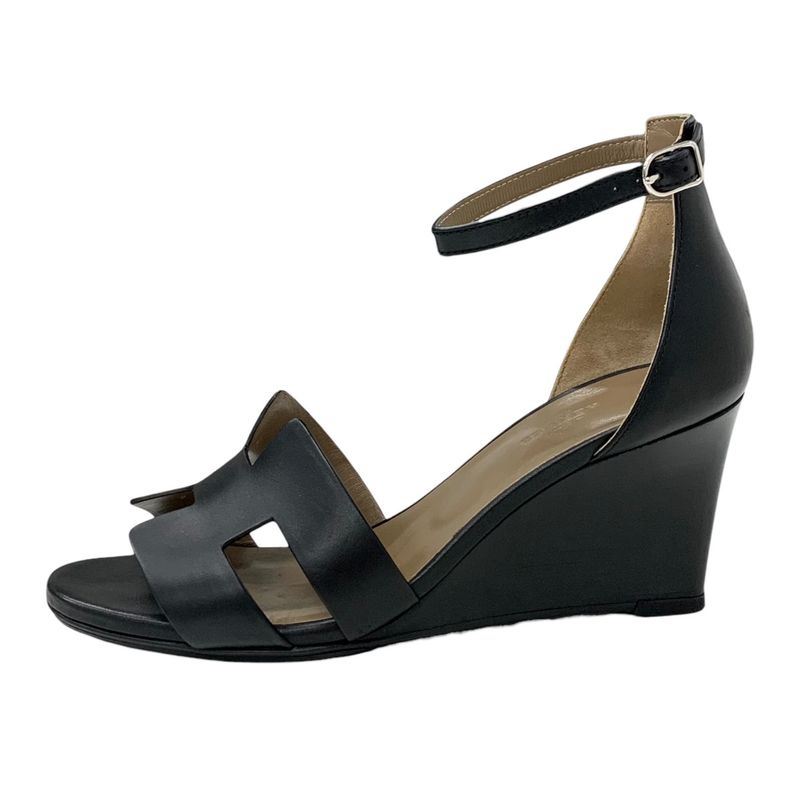 Hermes Legend Sandals Shoes Leather Black Wedge Sole Ankle Strap