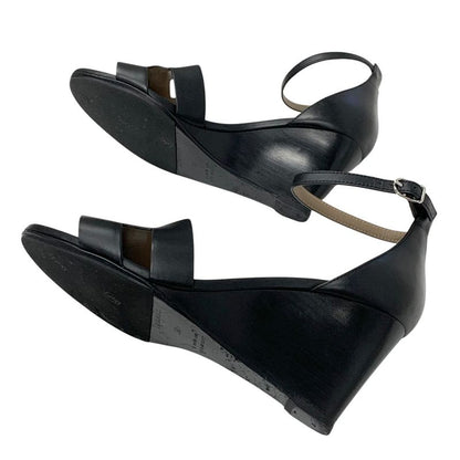 Hermes Legend Sandals Shoes Leather Black Wedge Sole Ankle Strap