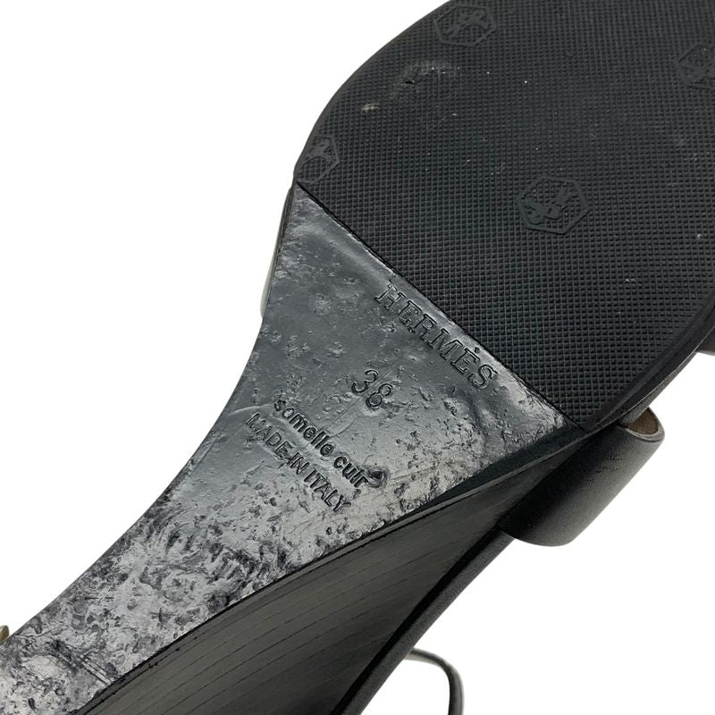 Hermes Legend Sandals Shoes Leather Black Wedge Sole Ankle Strap