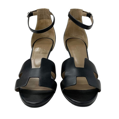 Hermes Legend Sandals Shoes Leather Black Wedge Sole Ankle Strap