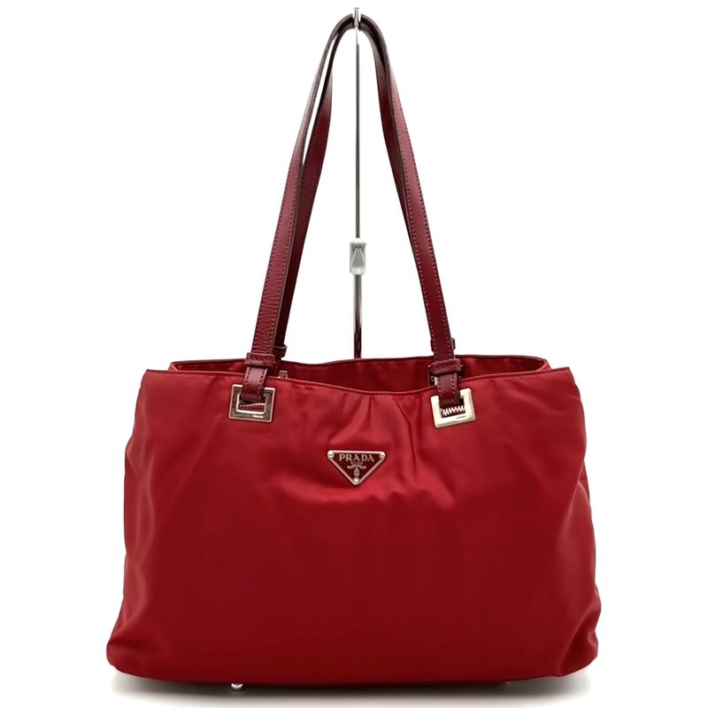 Prada Tote Handbag Nylon Leather Red Ladies Men Vintage Fashion Gift USED