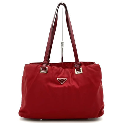 Prada Tote Handbag Nylon Leather Red Ladies Men Vintage Fashion Gift USED