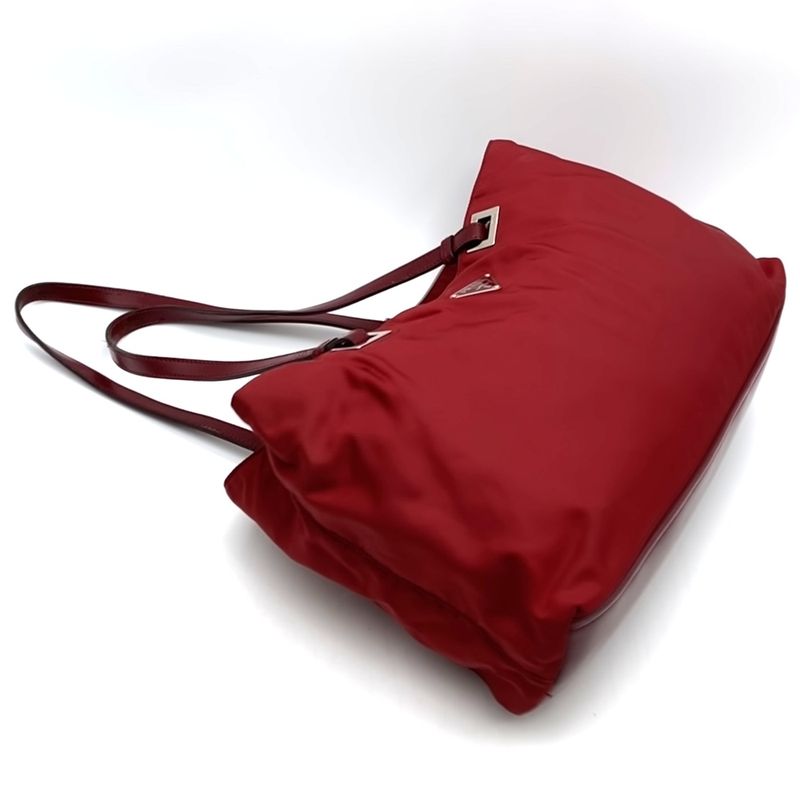 Prada Tote Handbag Nylon Leather Red Ladies Men Vintage Fashion Gift USED