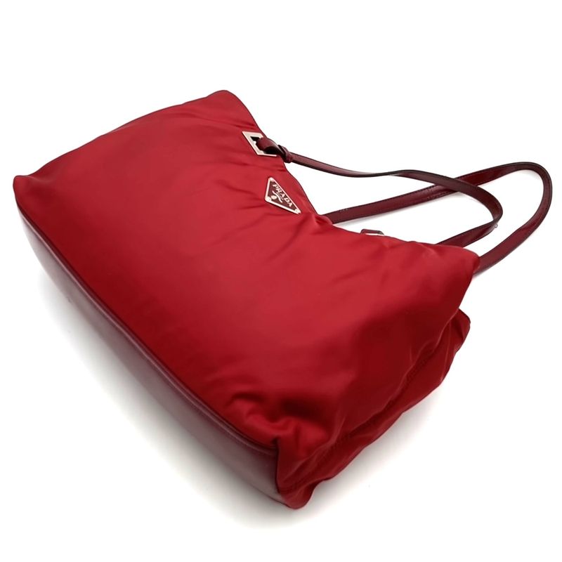 Prada Tote Handbag Nylon Leather Red Ladies Men Vintage Fashion Gift USED