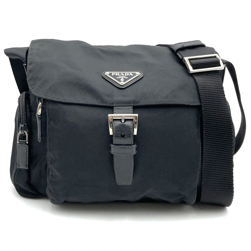 Prada Shoulder Bag Black Belt Nylon Leather Women Men Fashion Gift Vintage USED