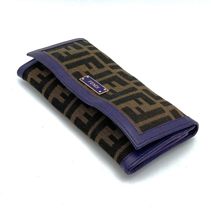Fendi Long Wallet Zucca Canvas Leather Purple Brown Vintage Women Men Fashion