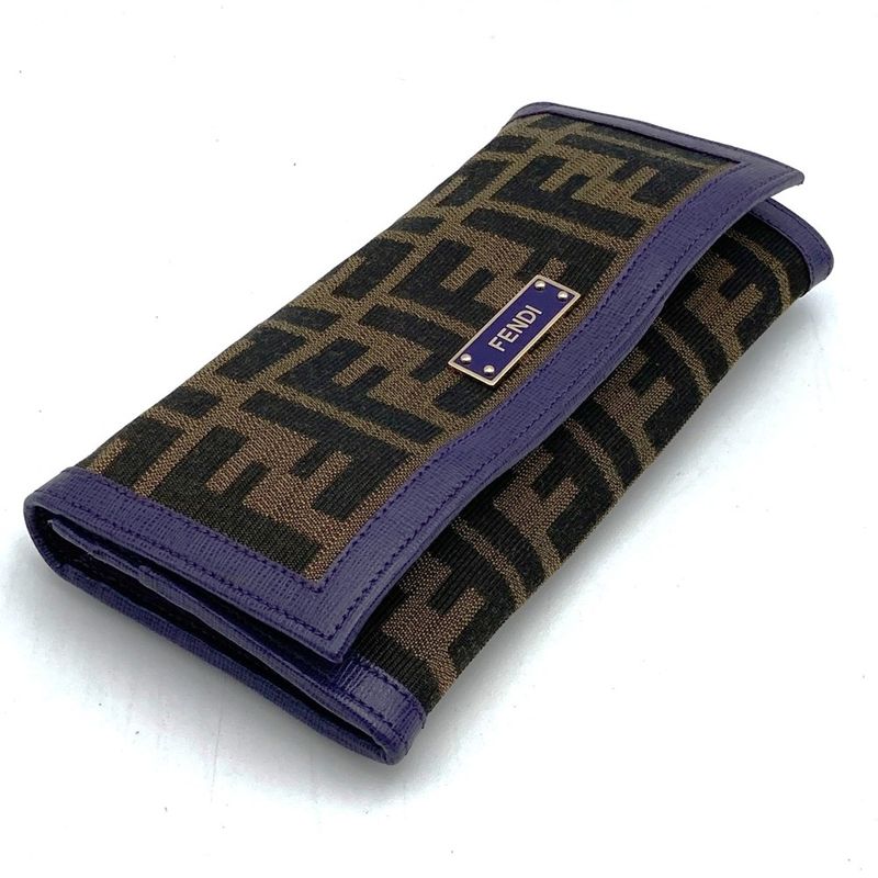 Fendi Long Wallet Zucca Canvas Leather Purple Brown Vintage Women Men Fashion