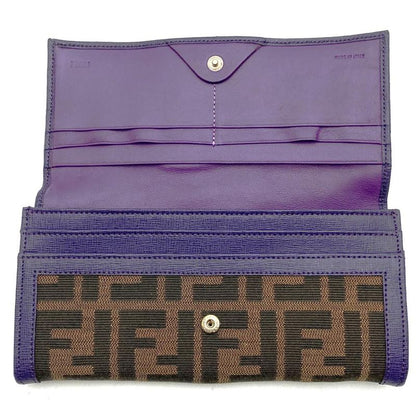 Fendi Long Wallet Zucca Canvas Leather Purple Brown Vintage Women Men Fashion