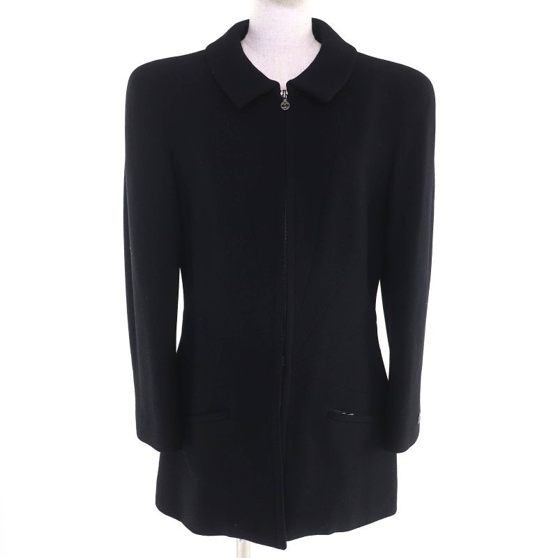CHANEL Vintage 97A P09353 100% Wool Coco Mark Button Zip Up Coat Medium Length