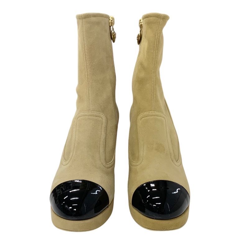 Chanel Boots Short Boots Shoes Suede Beige Black Gold Logo Here Mark Heart Charm