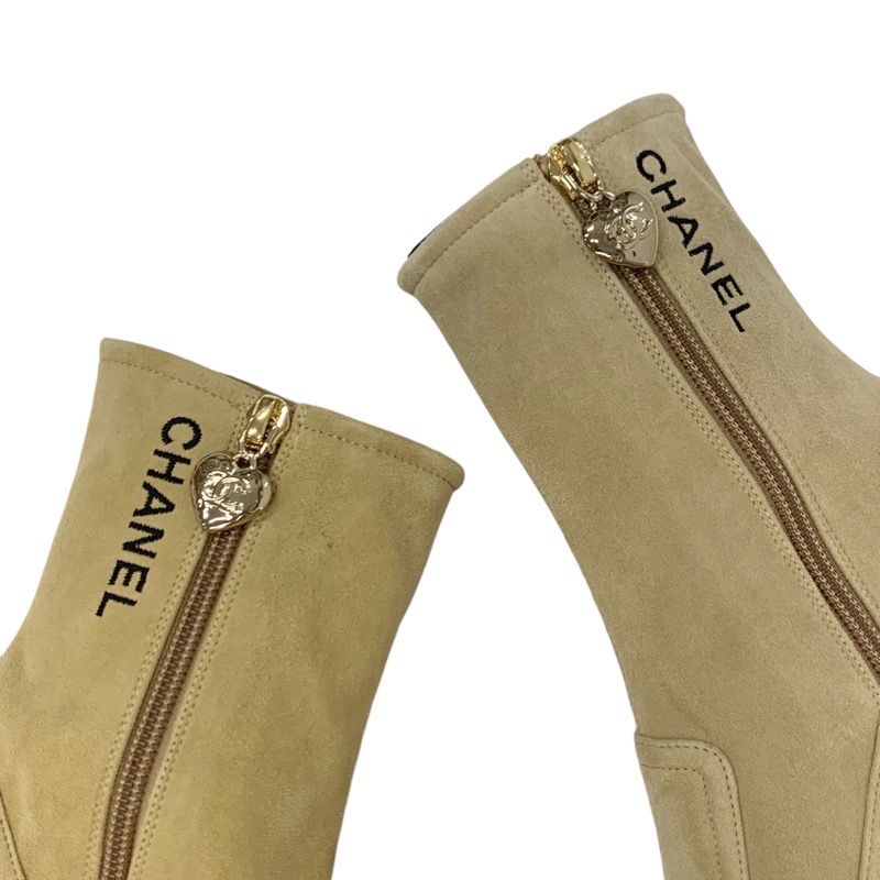 Chanel Boots Short Boots Shoes Suede Beige Black Gold Logo Here Mark Heart Charm