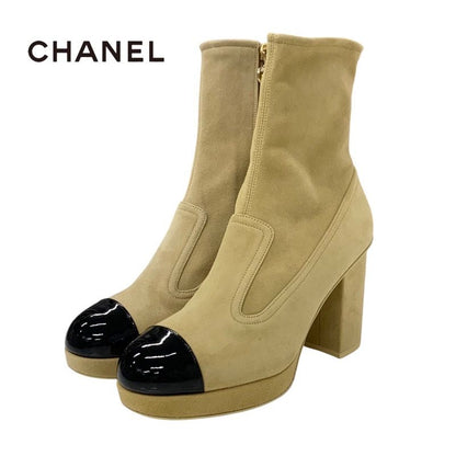 Chanel Boots Short Boots Shoes Suede Beige Black Gold Logo Here Mark Heart Charm