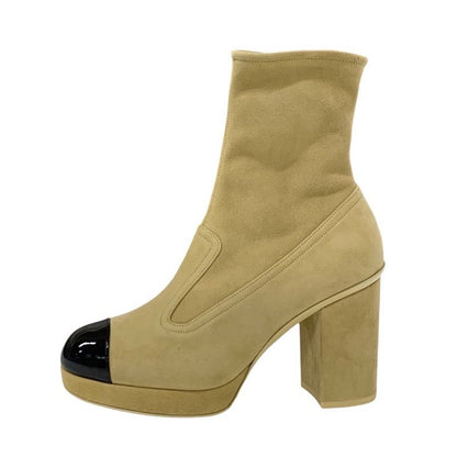 Chanel Boots Short Boots Shoes Suede Beige Black Gold Logo Here Mark Heart Charm