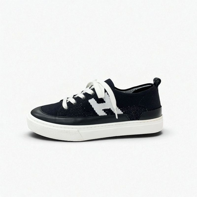 Hermes Deep Sneakers Shoes Knit Leather Black White H Logo