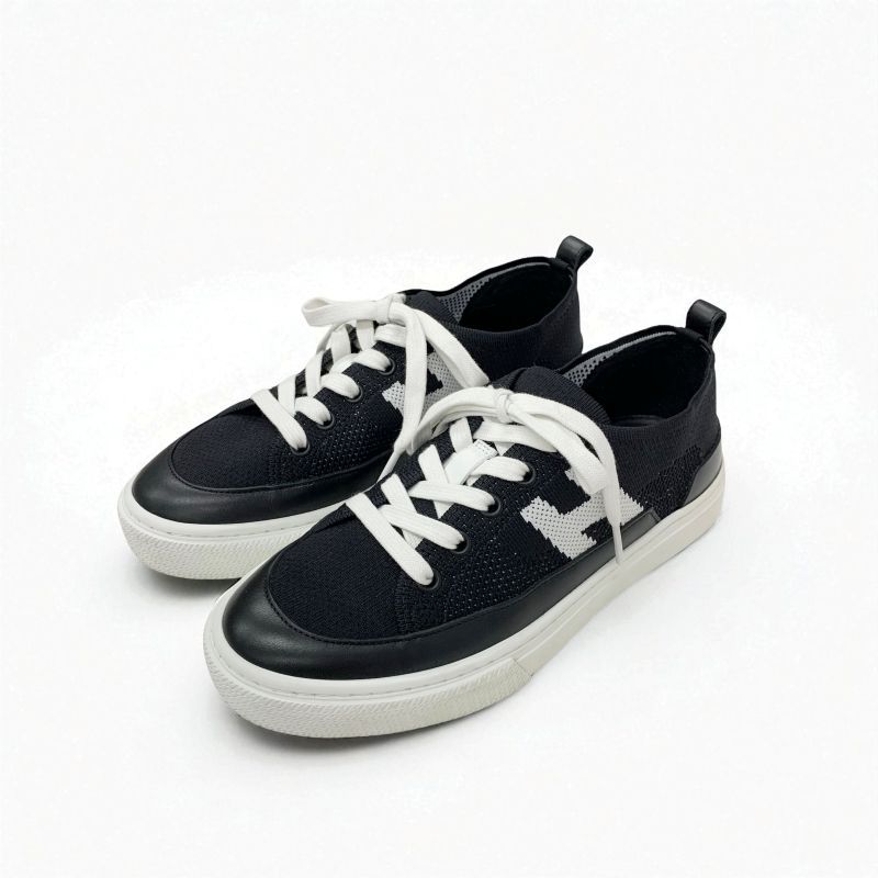 Hermes Deep Sneakers Shoes Knit Leather Black White H Logo