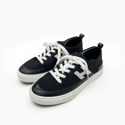 Hermes Deep Sneakers Shoes Knit Leather Black White H Logo