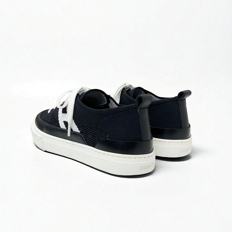 Hermes Deep Sneakers Shoes Knit Leather Black White H Logo