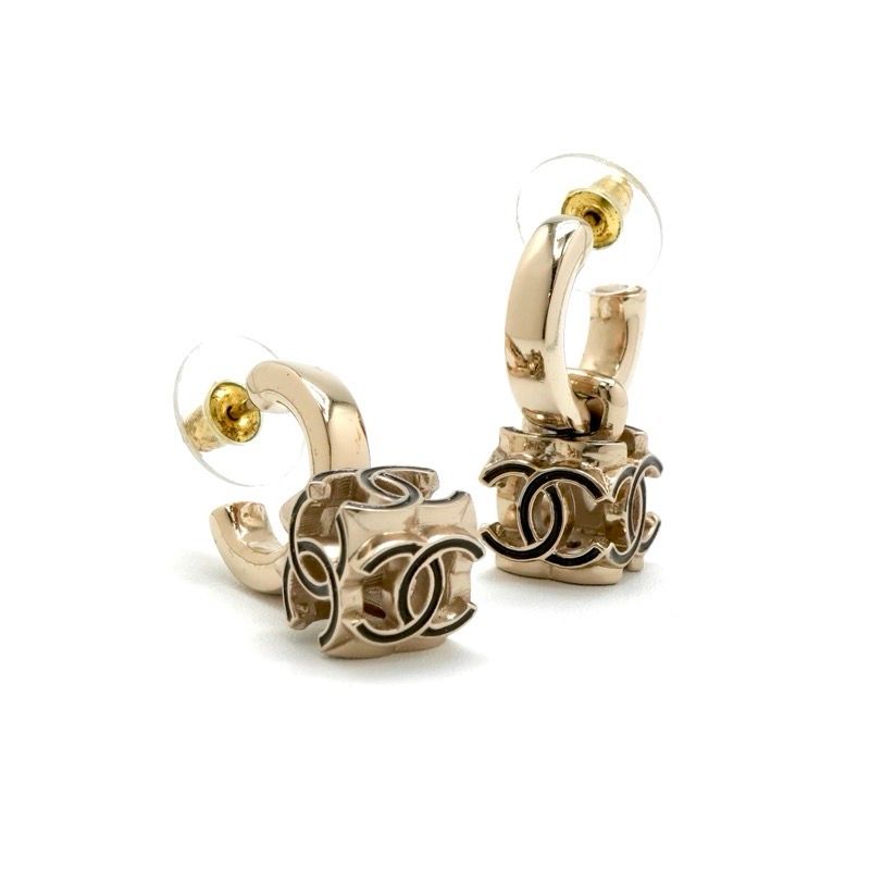 Chanel Earrings Earring Gold Black Coco Mark Cube Hoop